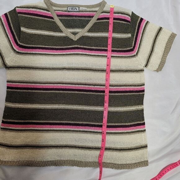 VINTAGE 90s knit v-neck striped short sleeve retro sweater M - Picture 6 of 6